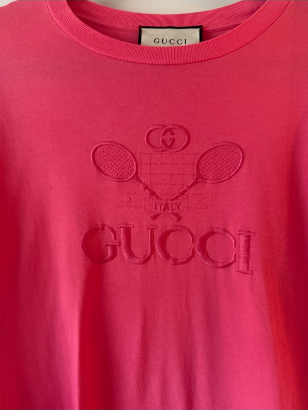 Gucci Bright Pink Embossed Logo Tennis Tee